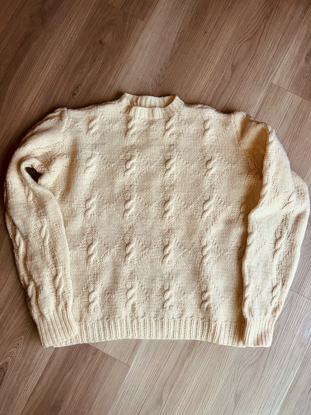 Cable Knit Crewneck Wool Sweater L Cream Handmade Fisherman Timeless